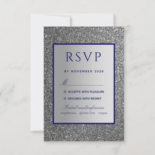 シルバー ブルー ウェディング RSVP カード (正面)