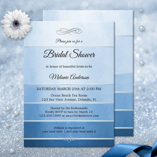 シルバー ブルー ストライプ トーン オン トーン ブライダル シャワー 招待状