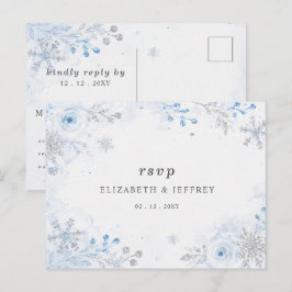 シルバー ブルー スノーフレークス フローラル 冬の結婚式 RSVP ポストカード