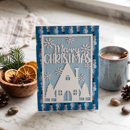 シルバー ブルー スノーマン 切り絵 メリークリスマス 箔シーズンカード