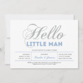 シルバー、ブルー |タイポグラフィモダンボーイ赤ちゃんシャワー 招待状 (正面)