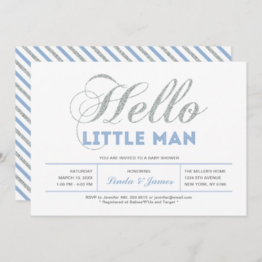 シルバー、ブルー |タイポグラフィモダンボーイ赤ちゃんシャワー 招待状 (正面/裏面)