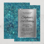 シルバー ブルー ティール ダイヤモンド グラム フォイル 21歳の誕生日 招待状 (正面/裏面)