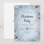 シルバー ブルー フローラル スノーフレーク 冬の結婚式 招待状 (正面/裏面)