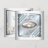 シルバー ブルー ーストーク 赤ちゃん男の子 シャワー 招待状 (正面/裏面)