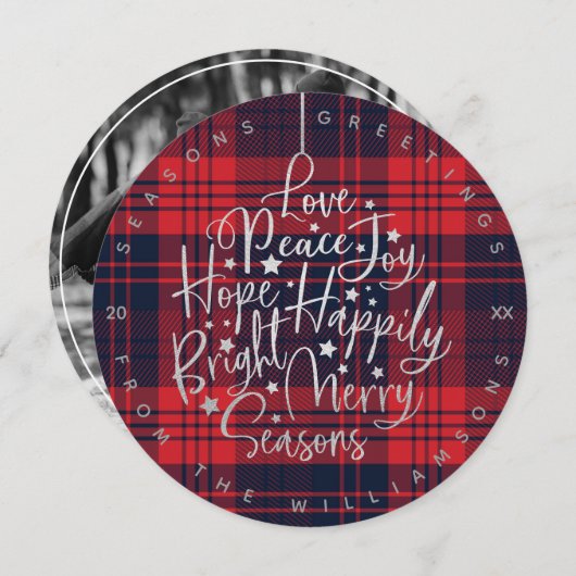 シルバー&プレイドグリーティングタイポグラフィオーナメント写真 シーズンカード (正面/裏面)