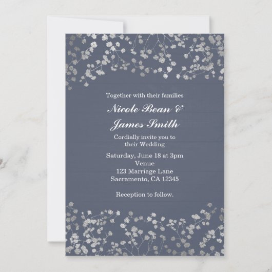 シルバー ベイビーズ ブレス ブルー ウッド ウェディング 招待状 (正面)