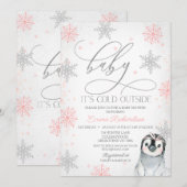 シルバー ベイビー イッツ コールド アウトサイド ペンギン ベイビー シャワー 招待状 (正面/裏面)