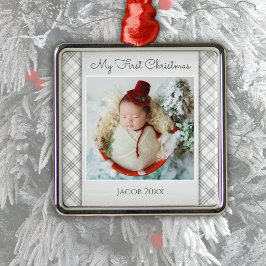 シルバー・ペイズリー柄 赤ちゃんの初めてのクリスマス 写真オーナメント メタルオーナメント