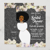 シルバー＆ホワイトのアフリカ系アメリカ人向けブライズシャワー 招待状 (正面/裏面)