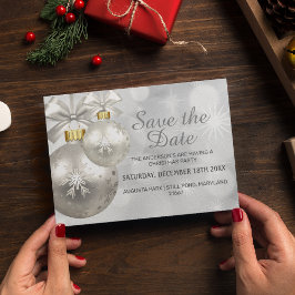 シルバー&ホワイトのバブル クリスマスパーティー|Save the Date インビテーションポストカード