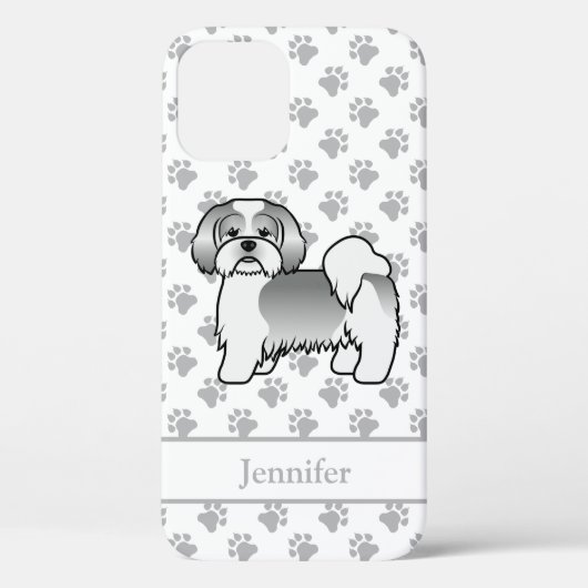 シルバー&ホワイトのラサ・アプソのキャラクター犬と名前 Case-Mate iPhoneケース (裏面)