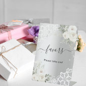 シルバー ホワイトの花のレースのゲストお土産サイン 台座サイン