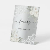 シルバー ホワイトの花のレースのゲストお土産サイン 台座サイン (正面)