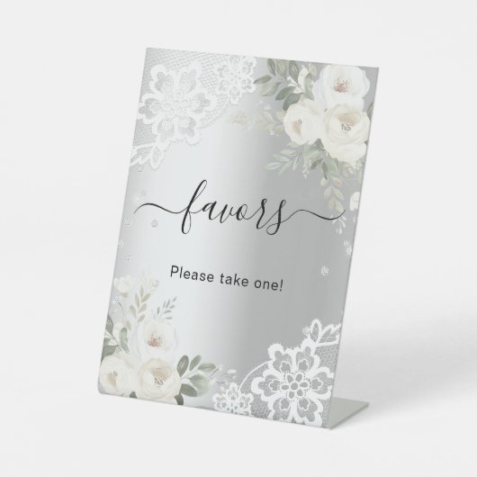 シルバー ホワイトの花のレースのゲストお土産サイン 台座サイン (正面)