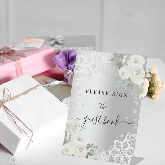 シルバー ホワイトの花のレースのゲストブック サイン
