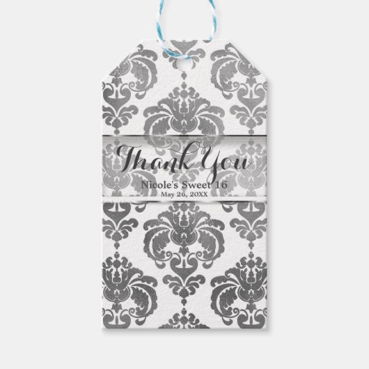 シルバー&ホワイトダマスクヴィンテージウェディングイベントのお願い ギフトタグ (正面)