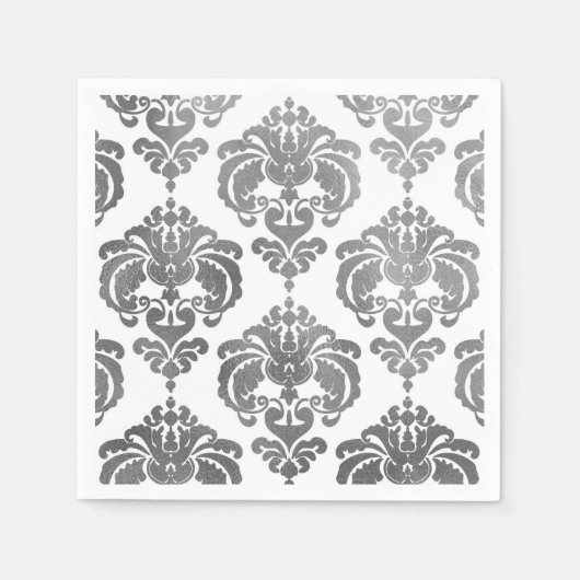 シルバー&ホワイトダマスクヴィンテージウェディングイベントパーティー スタンダードカクテルナプキン (正面)