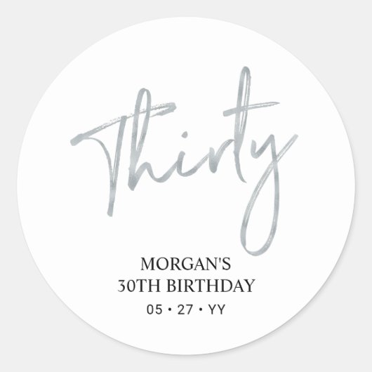 シルバー&ホワイト30誕生日お願い ラウンドシール (正面)