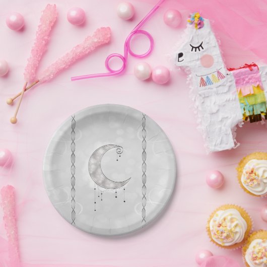 シルバー・ホワイト・クレセントムーン・スターズ・エンゲージメント・パーティ ペーパープレート (パーティー)