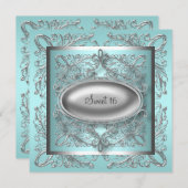 シルバー ホワイト ティール ブルー スウィート16 バースデー パーティー 招待状 (正面/裏面)