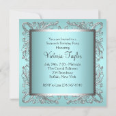 シルバー ホワイト ティール ブルー スウィート16 バースデー パーティー 招待状 (裏面)