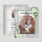 シルバー ホワイト フラワーフォト Save the Date ウェディング (正面/裏面)