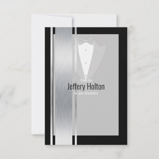 シルバー、ホワイト、ブラックのストライプタキシードサンキューカード サンキューカード (正面)