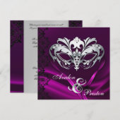 シルバー・マスカレード・ピンク・ジュエルド・ウェディング・インビテーション 招待状 (正面/裏面)