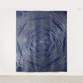 シルバー マンダラ ボヘミアンチック エレガント ネイビーブルー エレガント タペストリー (正面)