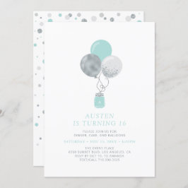シルバー&ミントバルーンモダン18thバースデーパーティー 招待状