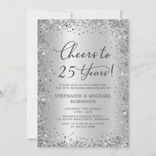 シルバー メタリック グリッター 25周年記念結婚式 招待状 (正面)