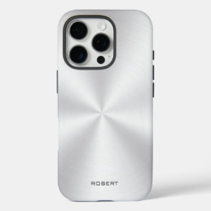 シルバー メタリック テクスチャ ステンレス スチール ルック iPhone 16 PROケース