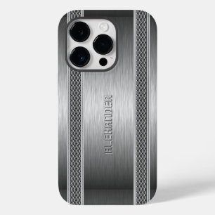 シルバー メタリック ブラッシュド アルミニウム ジオメトリック アクセント iPhone 14 PROケース