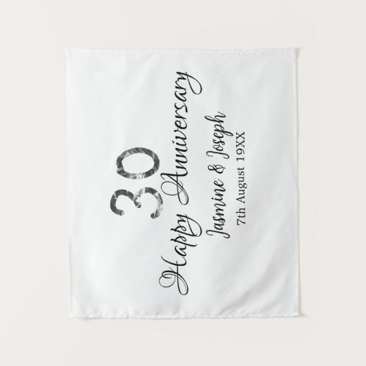 シルバー メタリック 30周年 ハッピーアニバーサリー 名前を追加 タペストリー (正面)