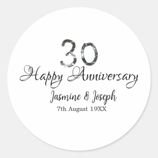 シルバー メタリック 30周年 ハッピーアニバーサリー 名前を追加 ラウンドシール (正面)