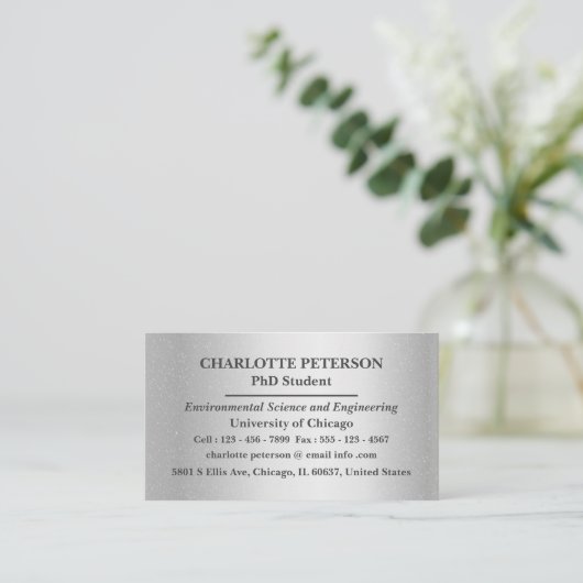 シルバー・メタリックPhD – 大学院生 名刺 (スタンド正面)