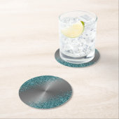 シルバー メタル ルック グリッター ティール サーキュラー メタリック ラウンドペーパーコースター (インサイチュ)