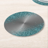 シルバー メタル ルック グリッター ティール サーキュラー メタリック ラウンドペーパーコースター (アングル)