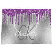シルバー モノグラム 名前 現代 エレガント 紫 ラージペーパーバッグ (正面)