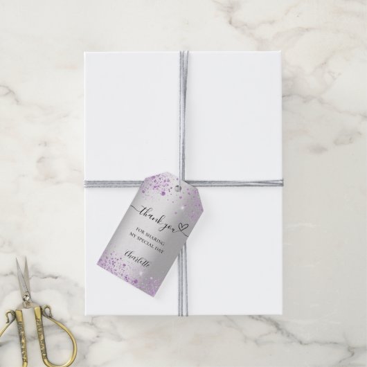 シルバー ラベンダー ハート ありがとう ギフトタグ (より糸付き)