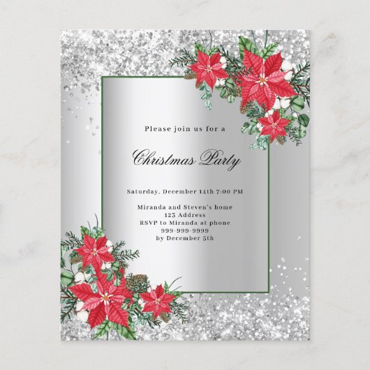 シルバー・レッドの花の装飾クリスマスパーティーの招待 (正面)