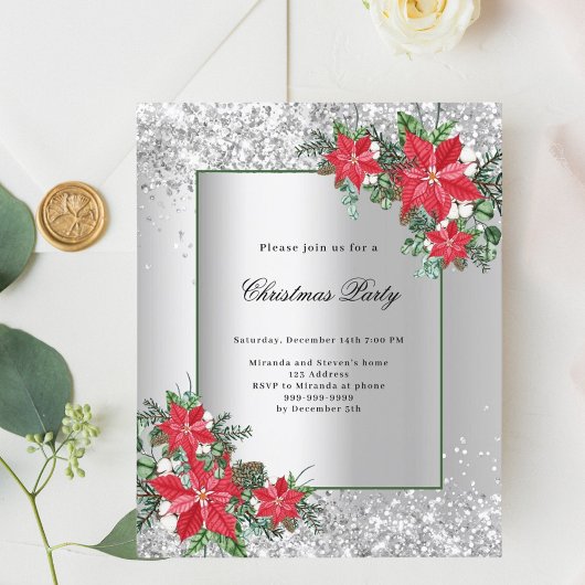 シルバー・レッドの花の装飾クリスマスパーティーの招待