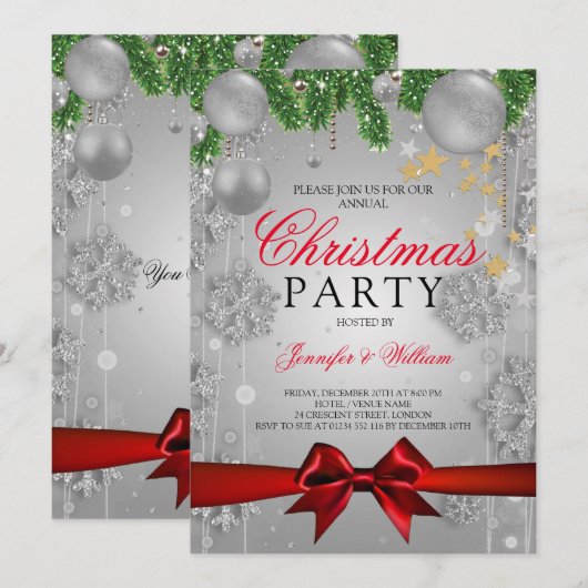 シルバー&レッドグラムクリスマスホリデーパーティー 招待状 (正面/裏面)