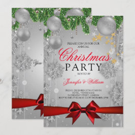 シルバー&レッドグラムクリスマスホリデーパーティー 招待状