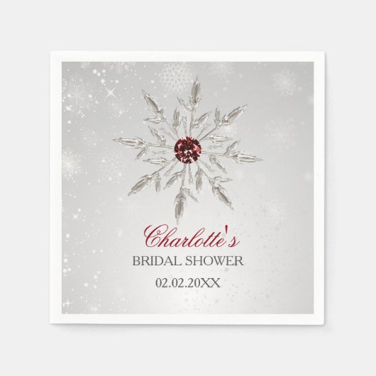 シルバー レッド 雪の結晶 冬のブライダル シャワー スタンダードカクテルナプキン (正面)