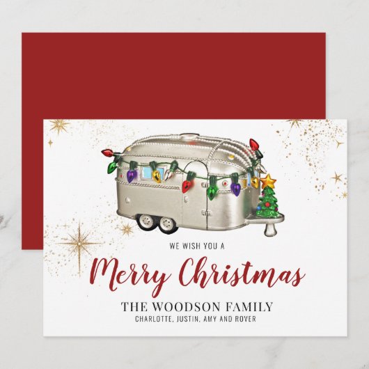 シルバー レトロ ヴィンテージ キャンパー クリスマスカード (正面/裏面)