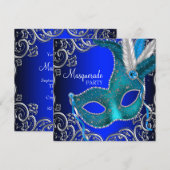 シルバー ロイヤルとターコイズ ブルーのマスカレード パーティー 招待状 (正面/裏面)