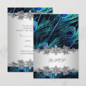 シルバー ロイヤルブルー クジャクの結婚式 RSVP (正面/裏面)