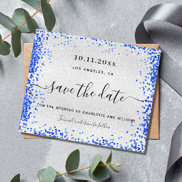 シルバー ロイヤルブルー 結婚式 予算を抑えた Save the Date チラシ
